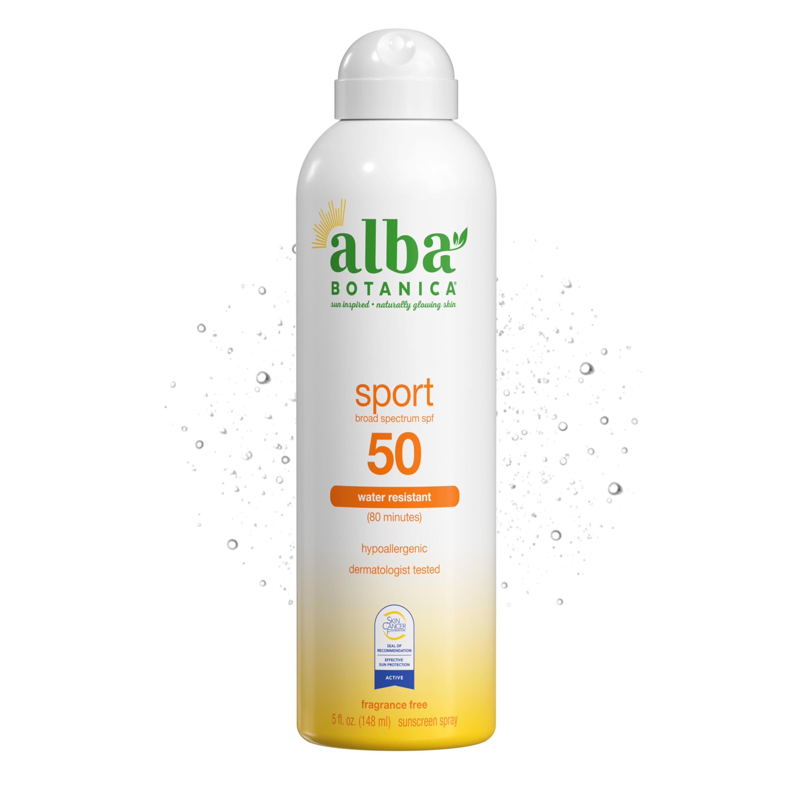 Alba Botanica front packaging showing SPF 50 and clear spray benefit