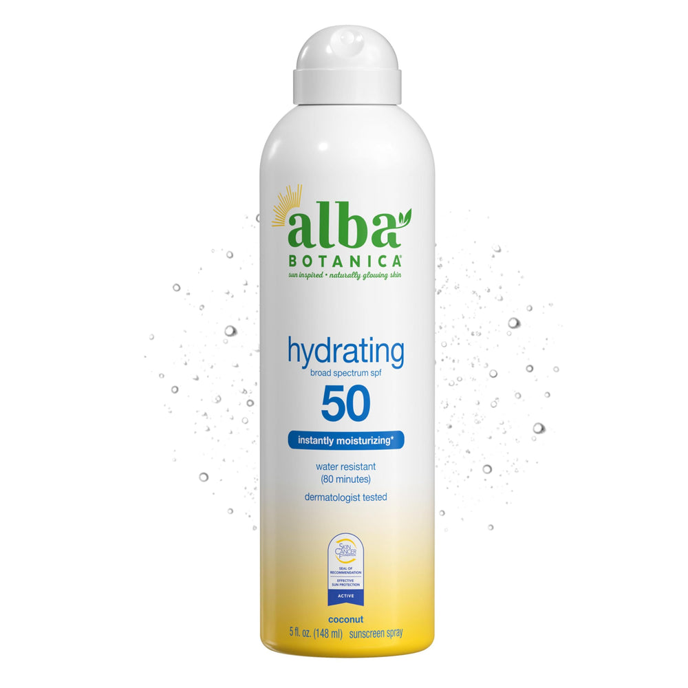 Alba Botanica front packaging showing SPF 50 protection and spray bottle benefit