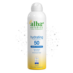 Alba Botanica front packaging showing SPF 50 protection and spray bottle benefit