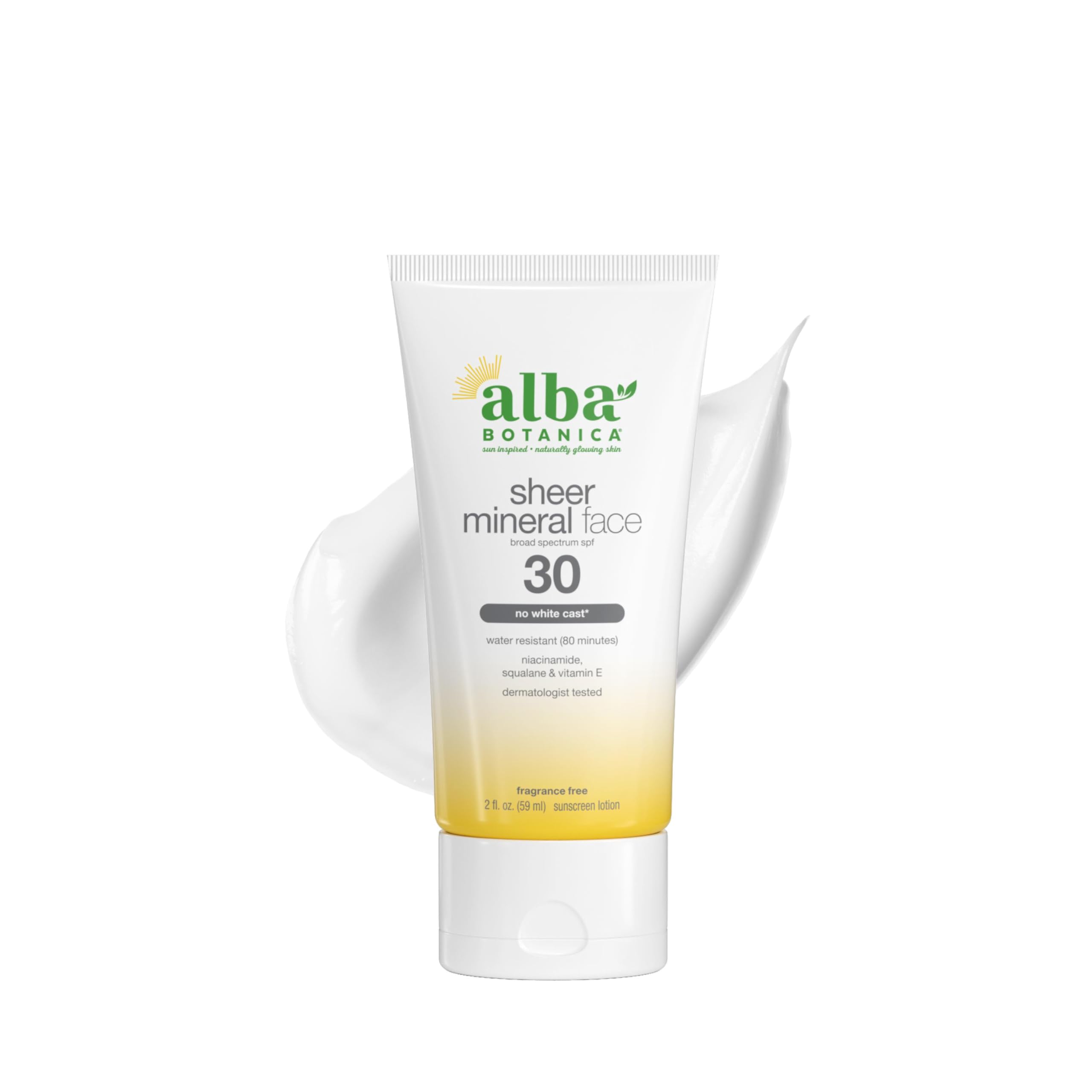 Alba Botanica front packaging showing SPF 30 on compact bottle and clear labeling