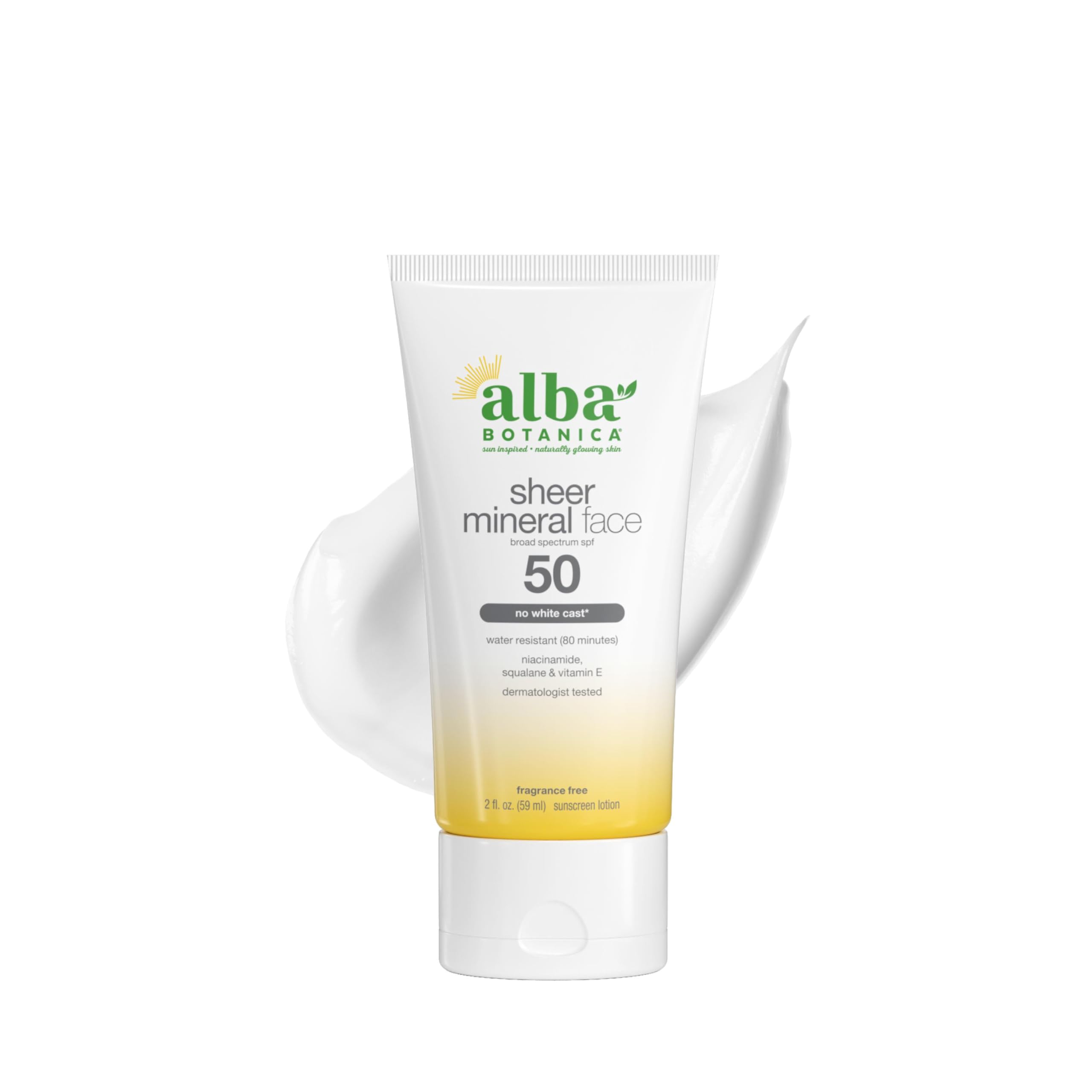 Alba Botanica front packaging showing SPF 50 benefits and bottle