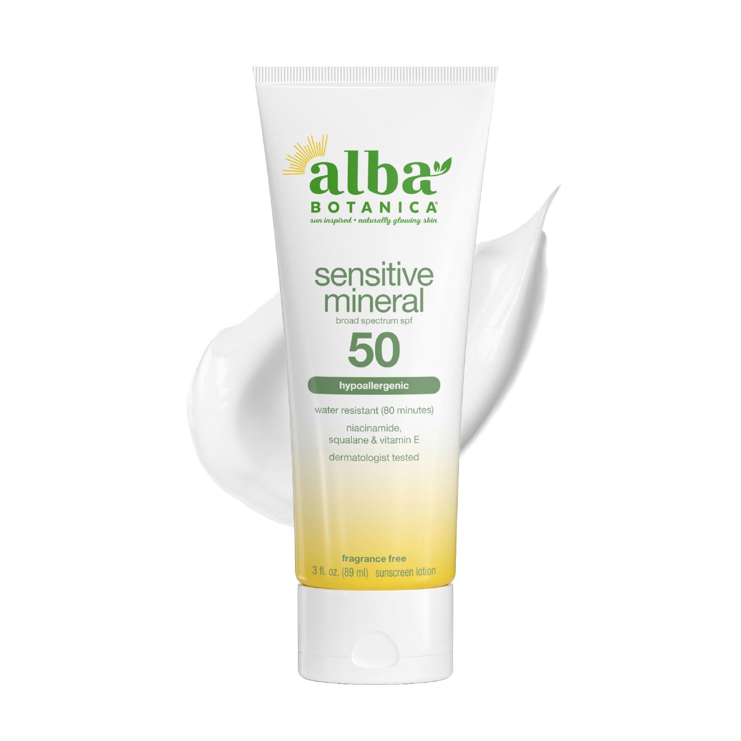 Alba Botanica front tube showing SPF 50 label and compact travel size benefit