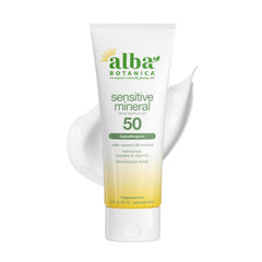 Alba Botanica front tube showing SPF 50 label and compact travel size benefit