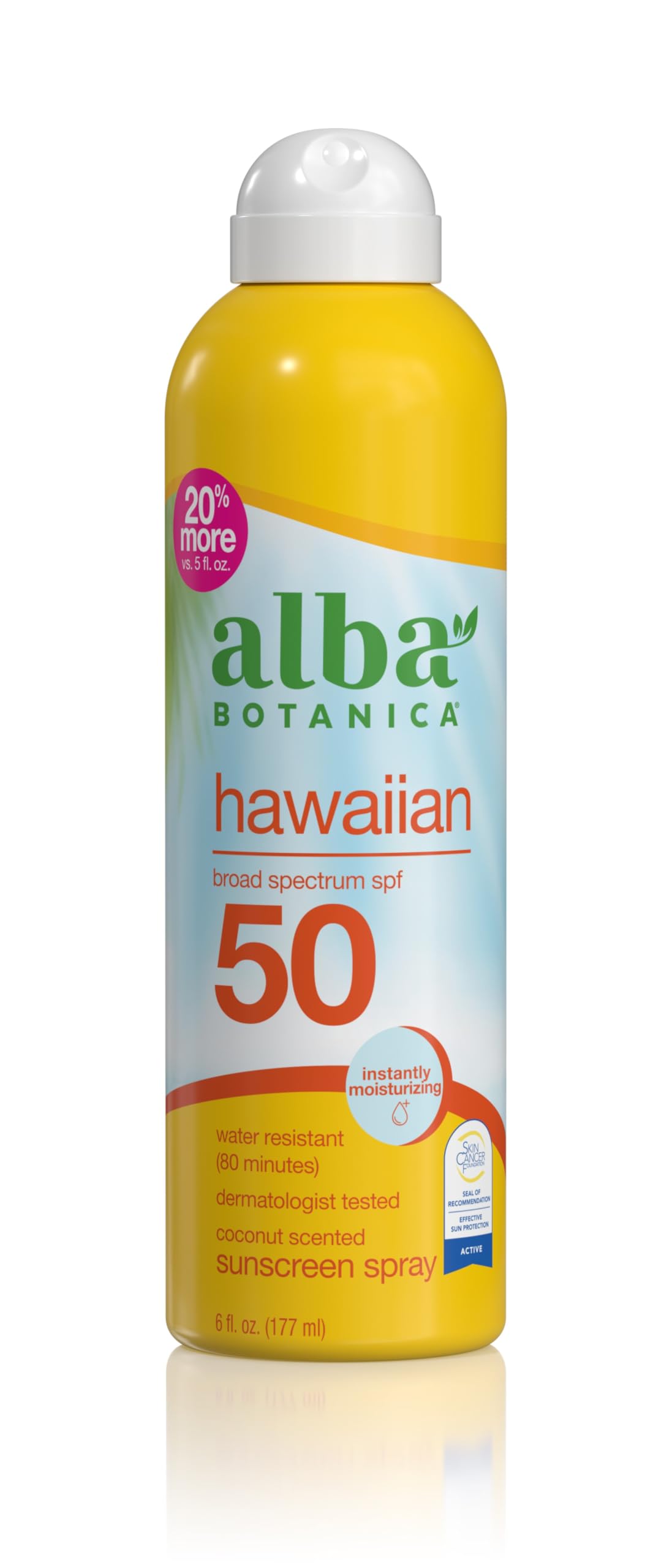 Alba Botanica bottle front view showing SPF 50 label and easy spray applicator