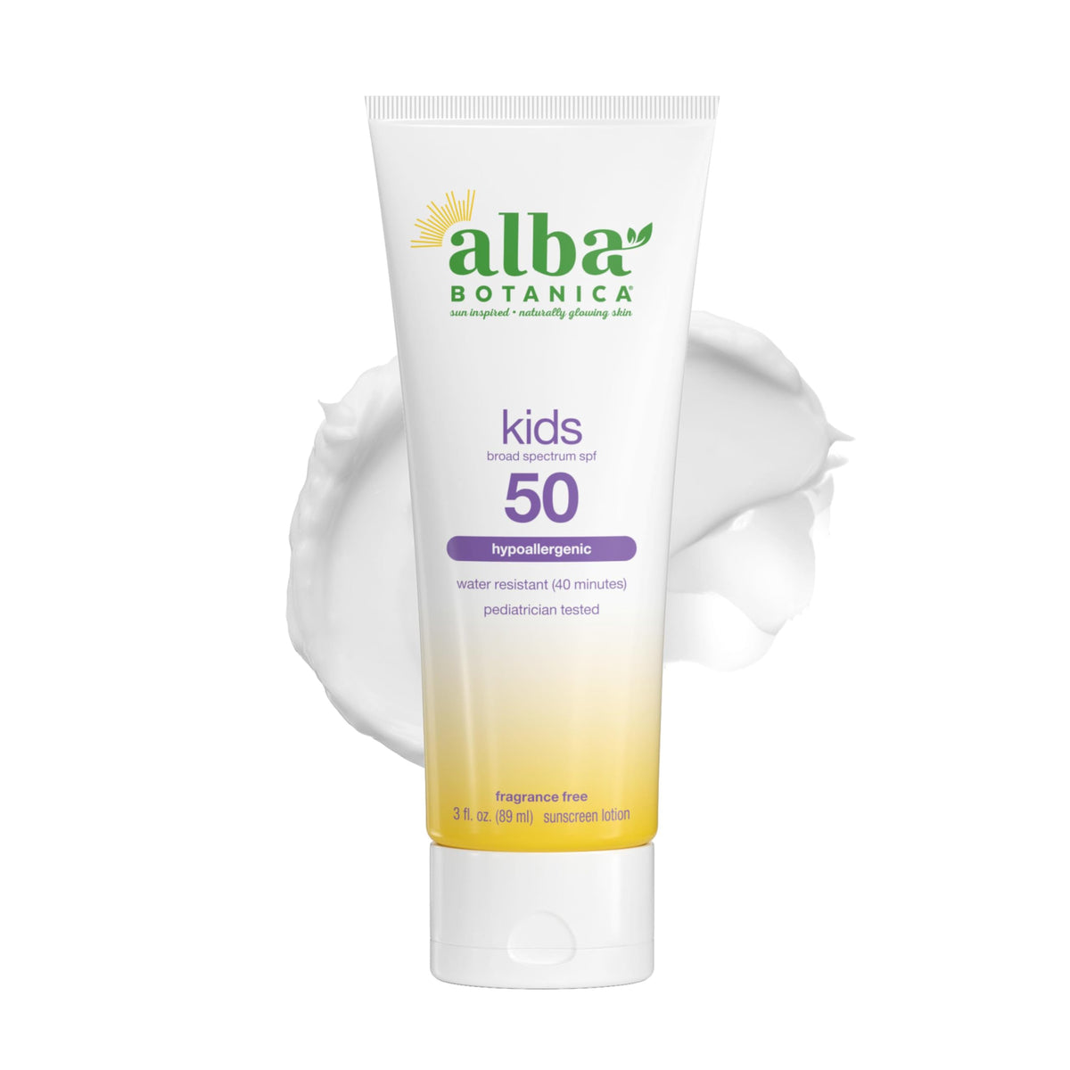 Alba Botanica front tube showing SPF 50 and size for easy packing