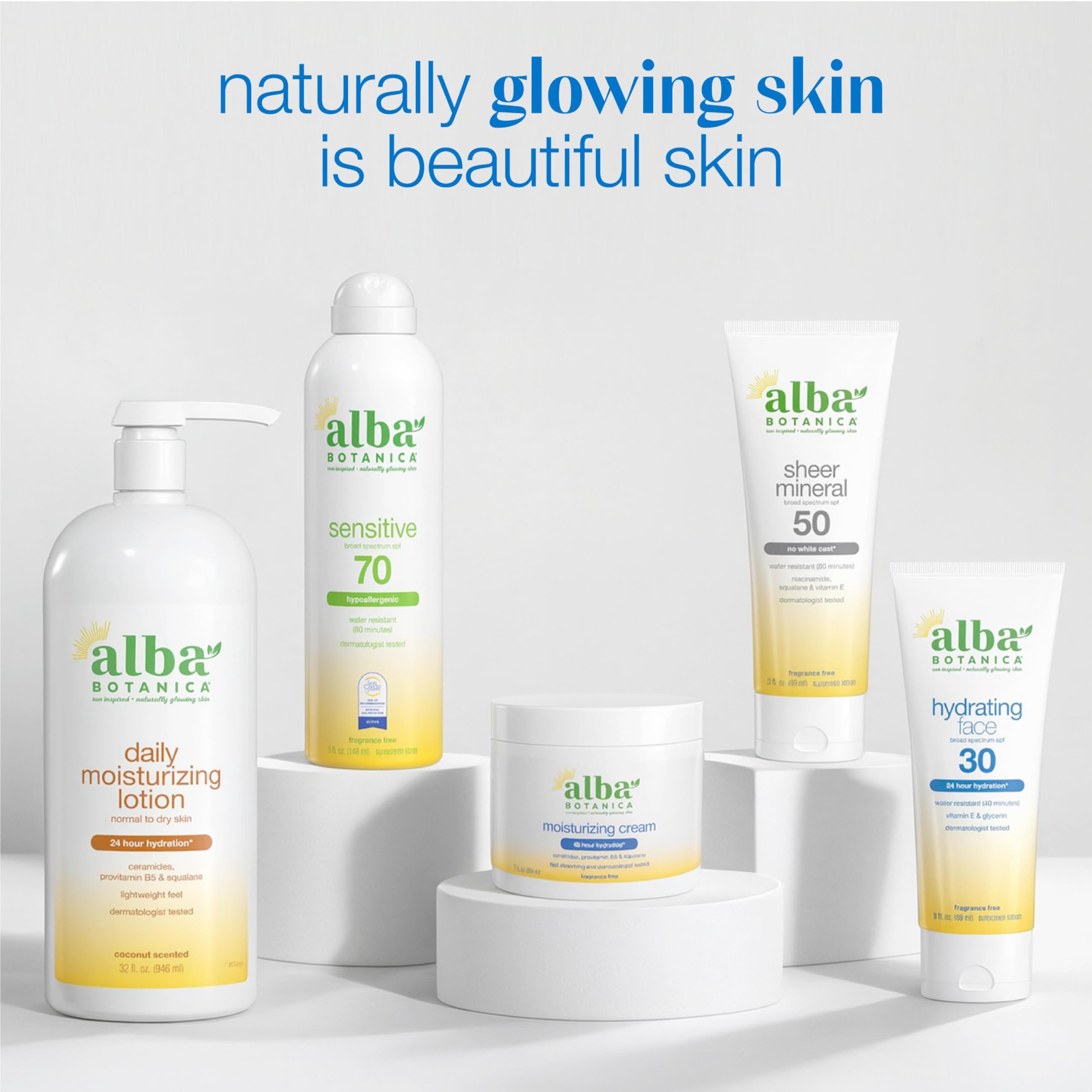 Alba Botanica label close-up highlighting niacinamide, squalane, vitamin E and mineral filters