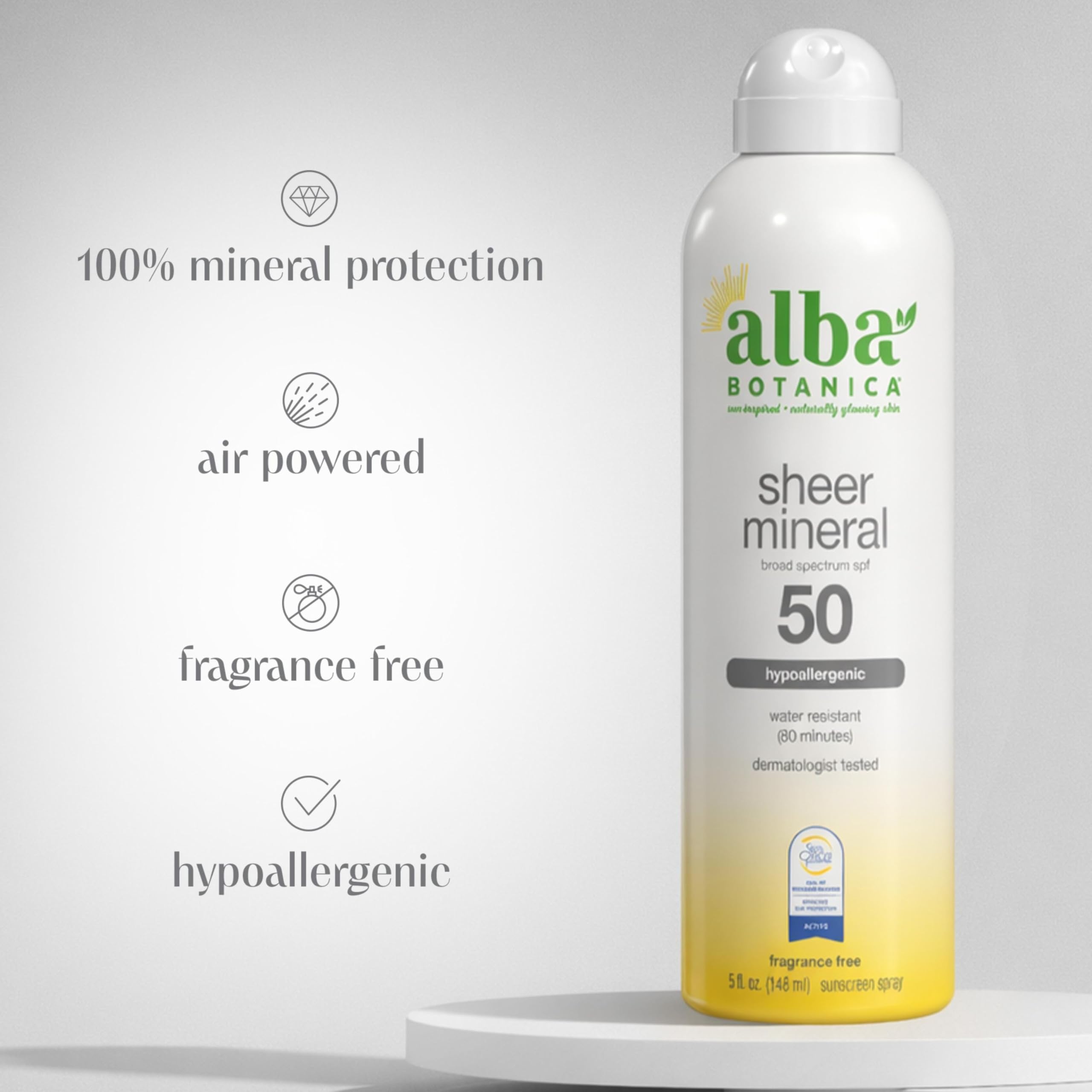 Alba Botanica spray mist texture close-up demonstrating quick-dry, non-greasy finish