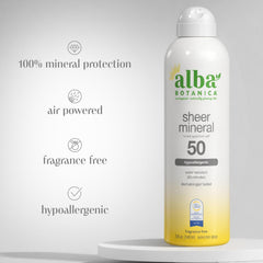 Alba Botanica spray mist texture close-up demonstrating quick-dry, non-greasy finish