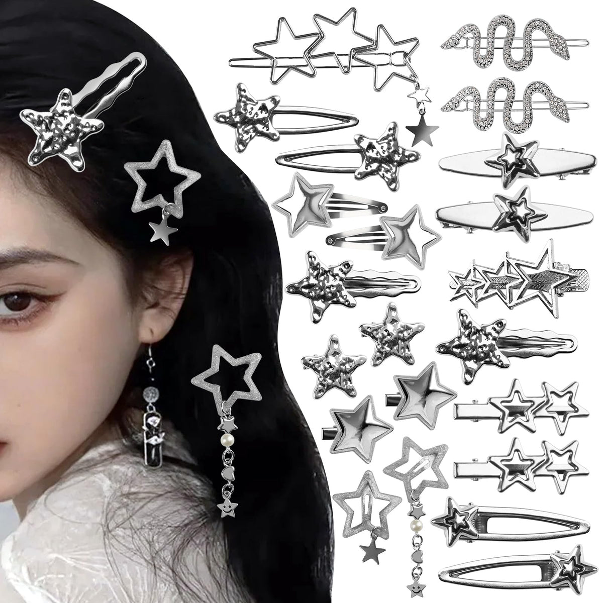 Albooss front packaging showing 22 silver star hair clips, easy styling