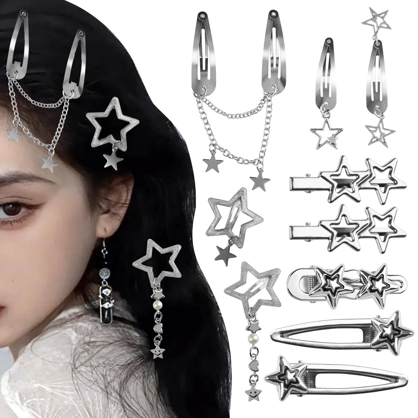 Albooss front packaging showing ten silver star clips, versatile styling
