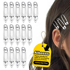 Albooss front packaging showing 15 silver safety-pin hair clips and branding benefit visibility