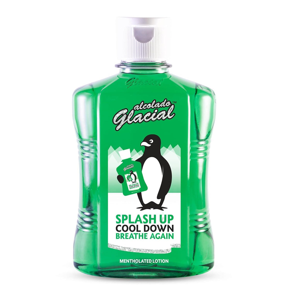 Alcolado Glacial front bottle view showing label and refreshing benefit