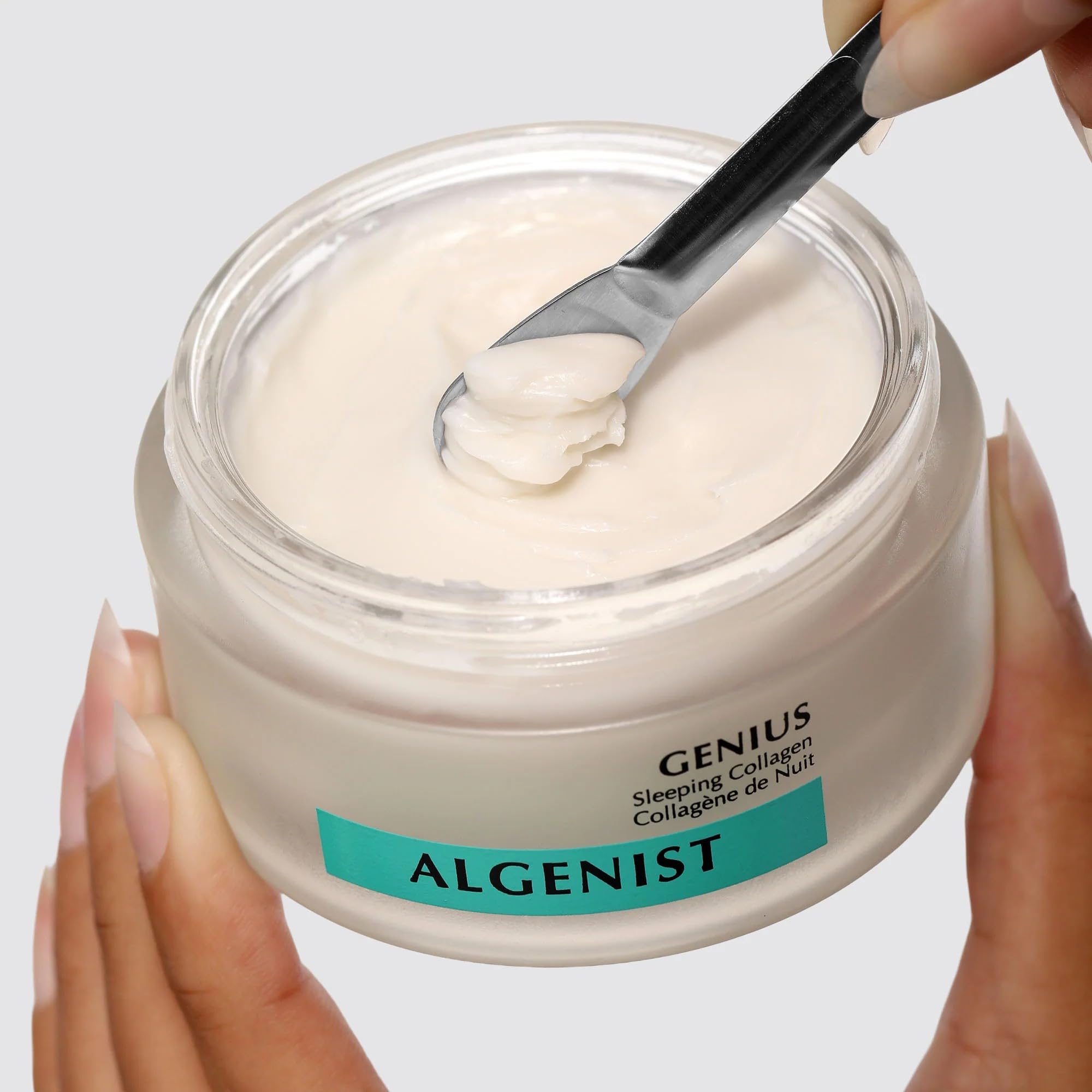 Algenist 2 oz jar beside coin size comparison for accurate scale