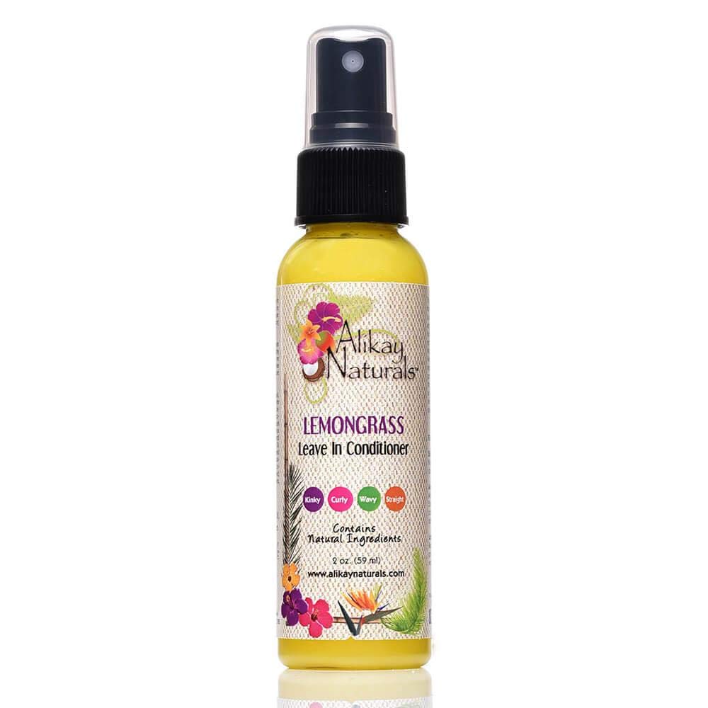 Alikay Naturals bottle front view showing lemongrass leave-in benefit: lightweight detangling