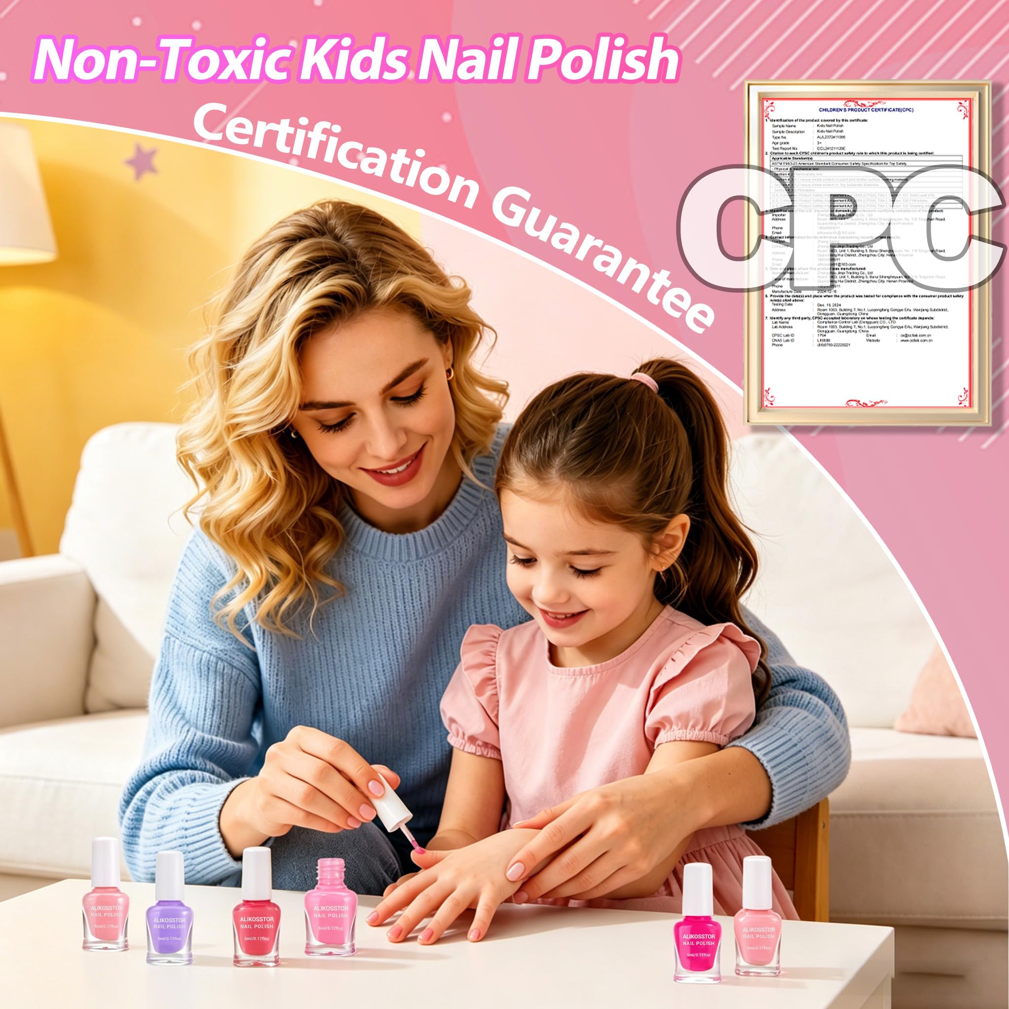 ALIKOSSTOR child painting nails supervised, demonstrating safe use and quick-dry benefit