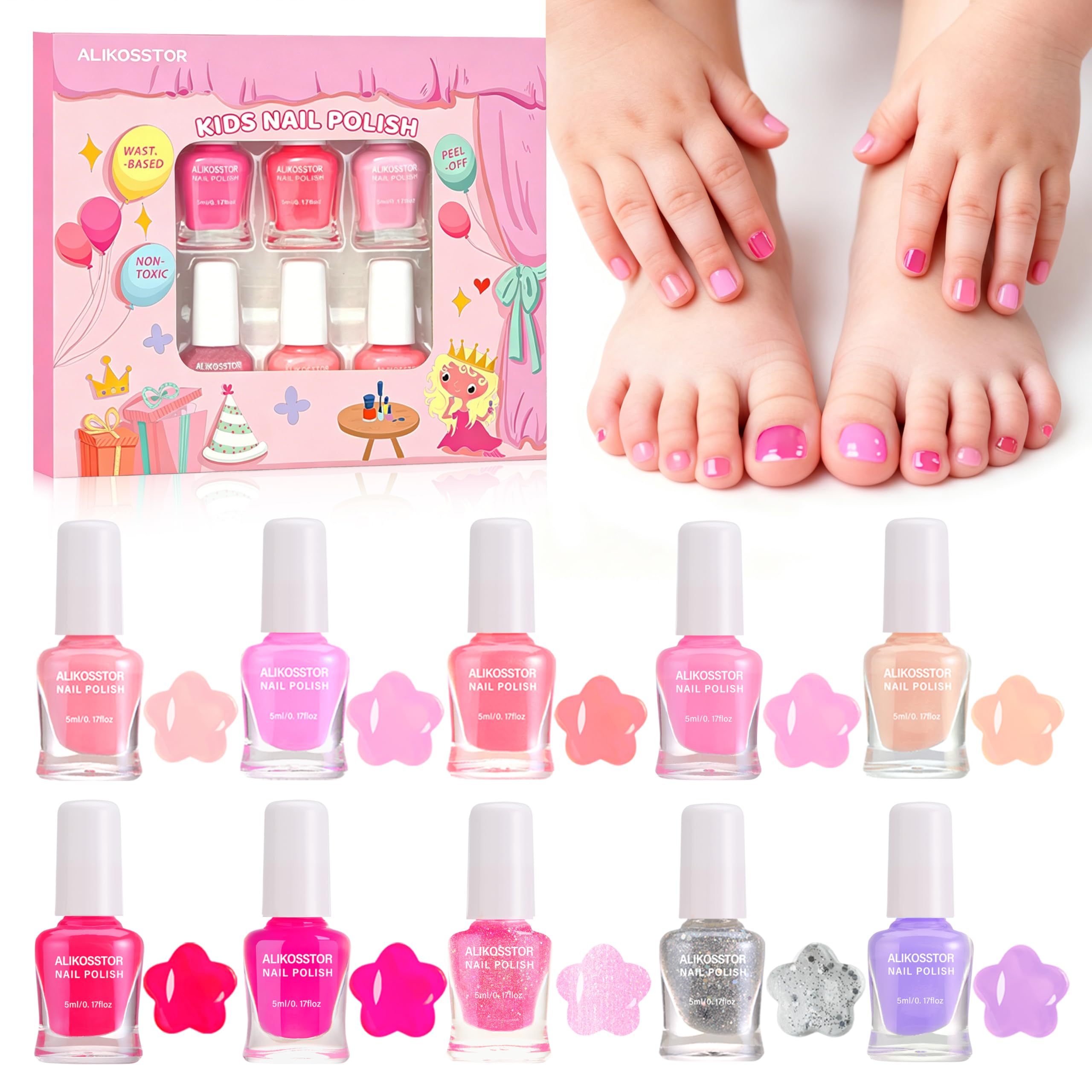 ALIKOSSTOR front packaging showing ten pink shades and kid-friendly branding benefits safe play
