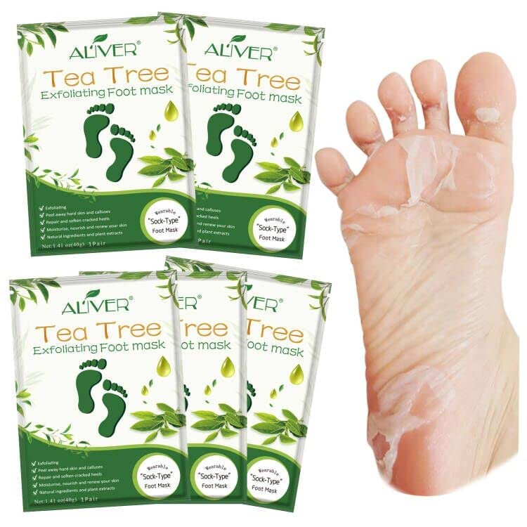 ALIVER front packaging showing five tea tree foot peel masks and benefits
