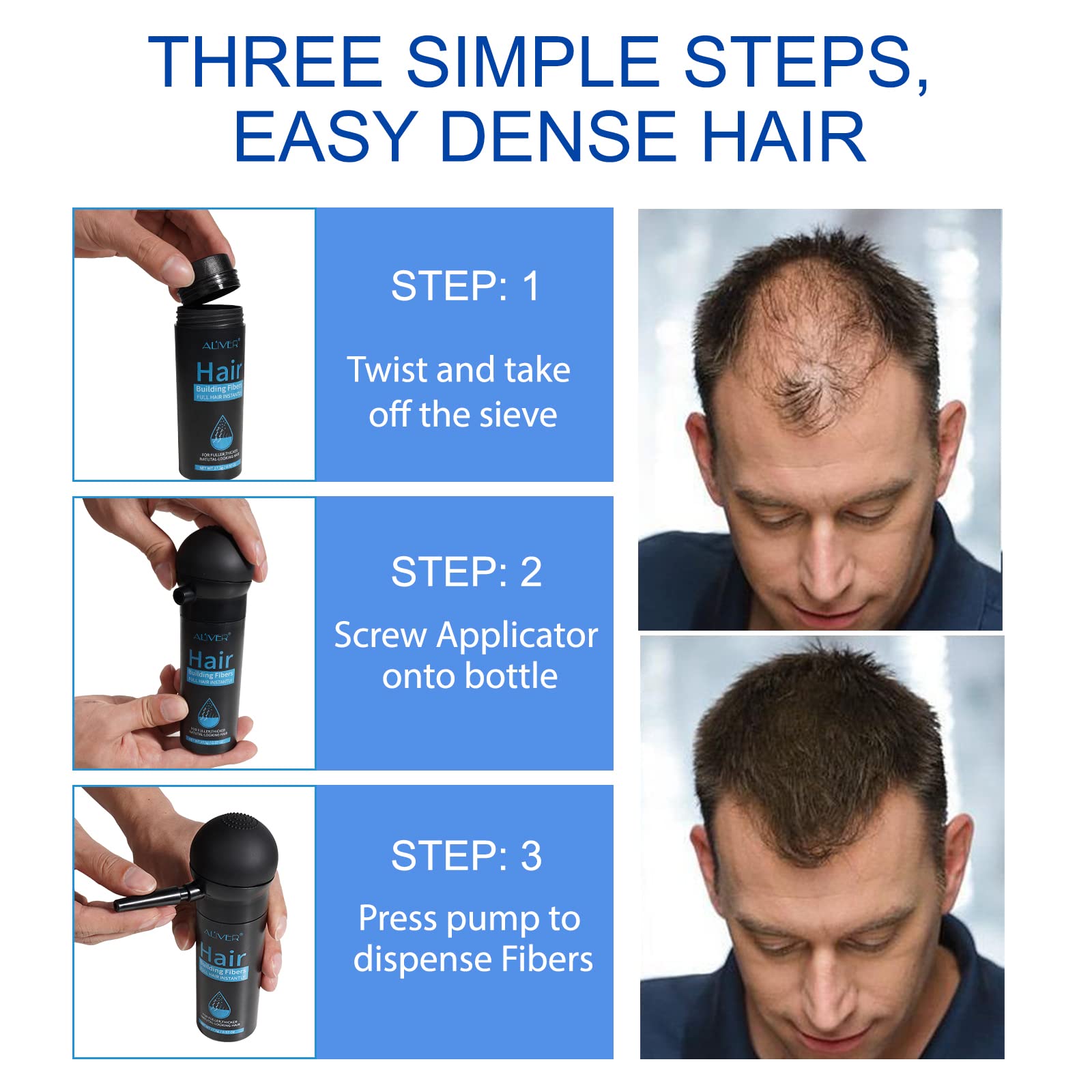 ALIVER nozzle spraying fibers onto scalp showing even distribution benefit