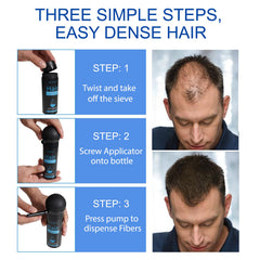 ALIVER nozzle spraying fibers onto scalp showing even distribution benefit