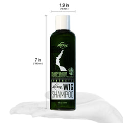 AllDay Locks shampoo soaking a synthetic wig to show gentle cleaning