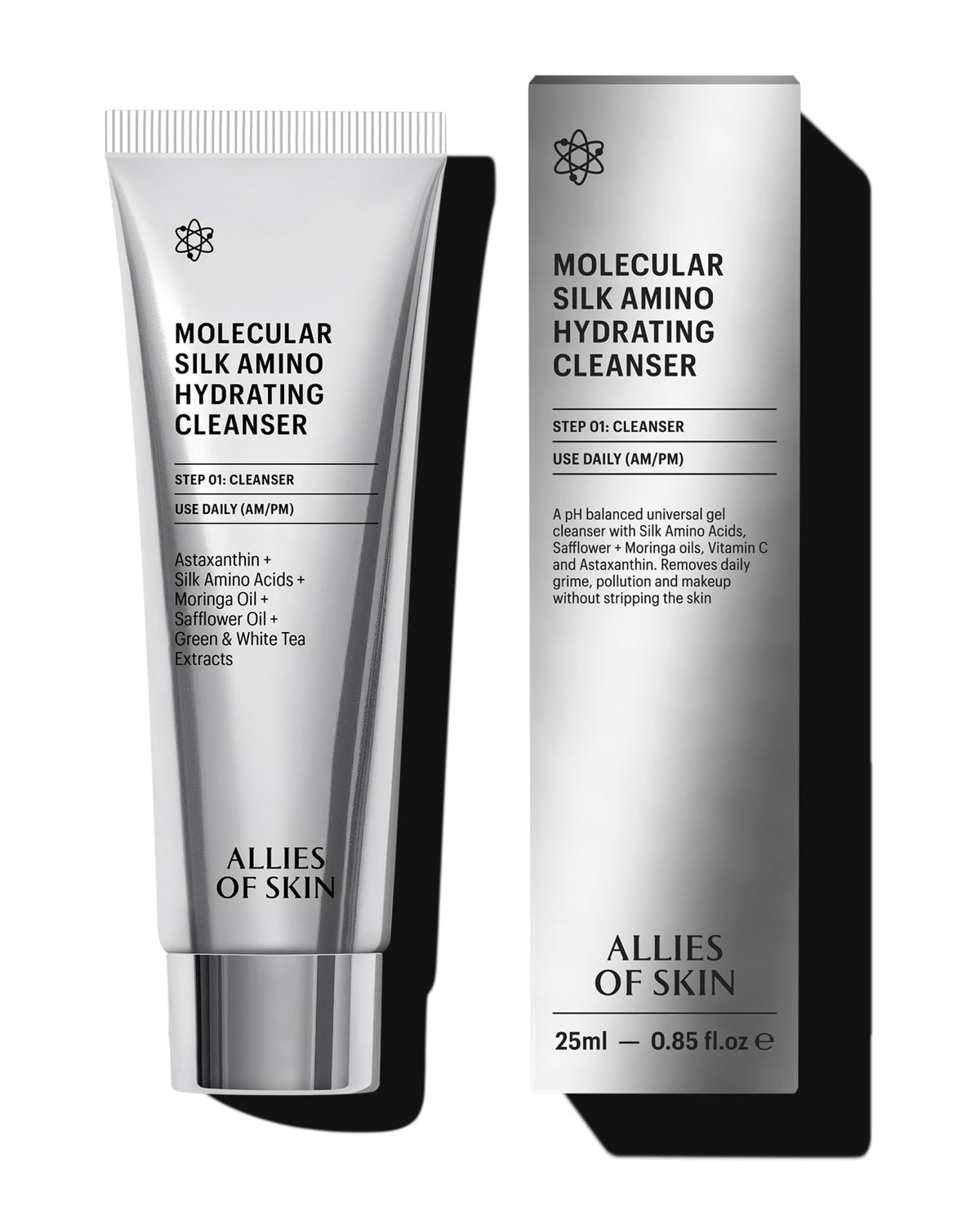 Allies of Skin travel cleanser front packaging shows compact convenience and hydration benefits