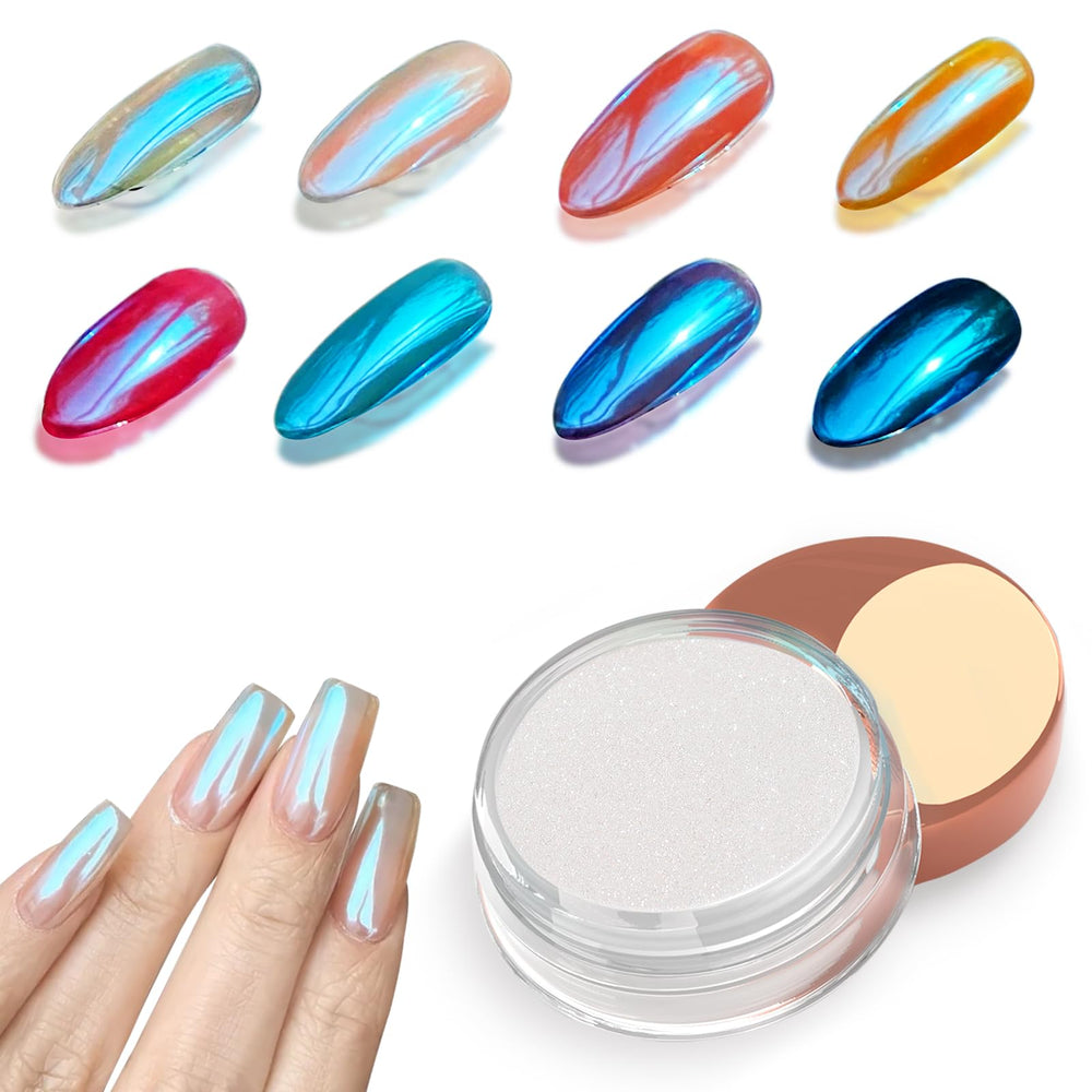 Allstarry Blue Aurora jar front view showing iridescent pigment and branding for creative nails