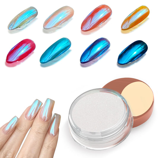 Allstarry Blue Aurora jar front view showing iridescent pigment and branding for creative nails