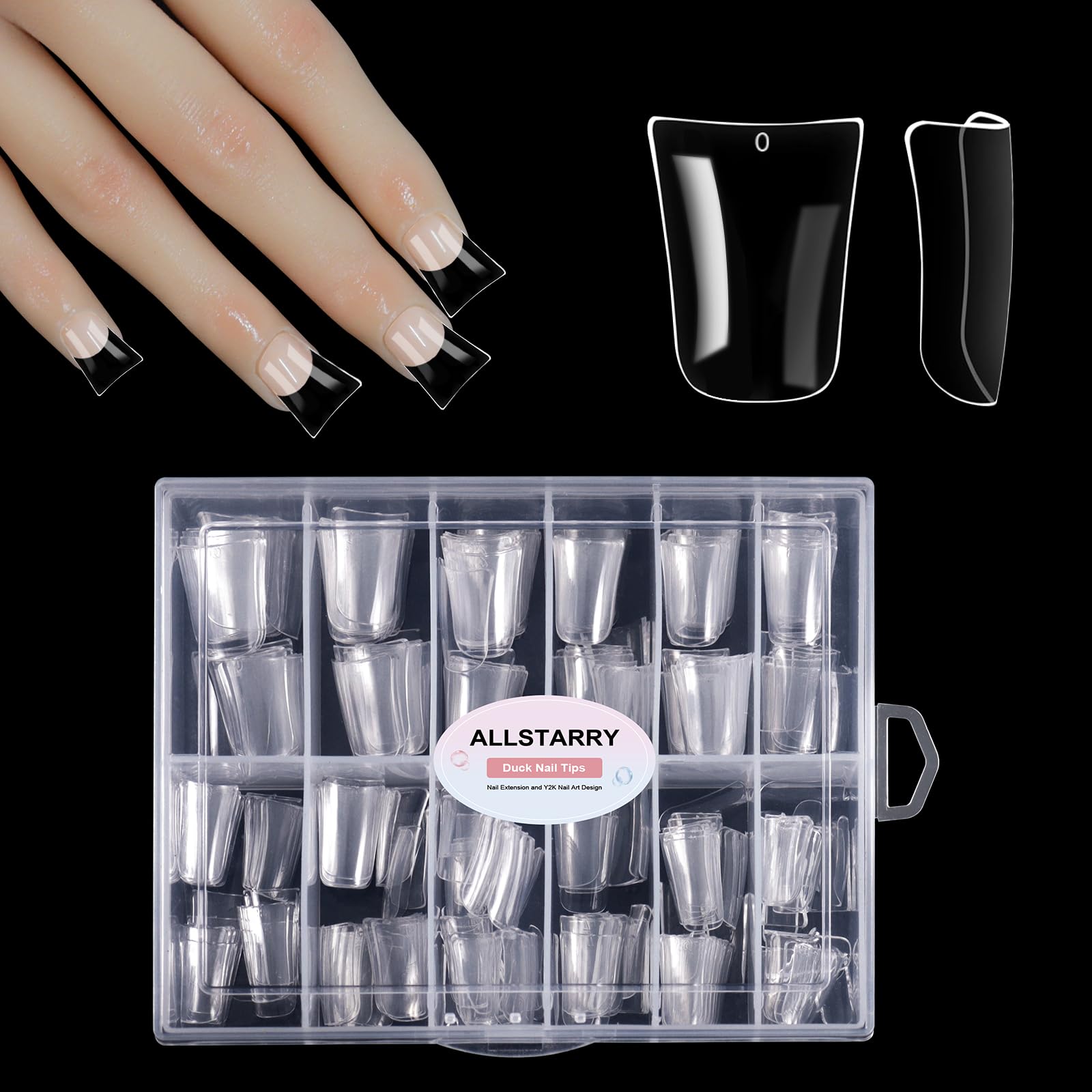 Allstarry front packaging showing 288 clear duck nail tips for quick styling