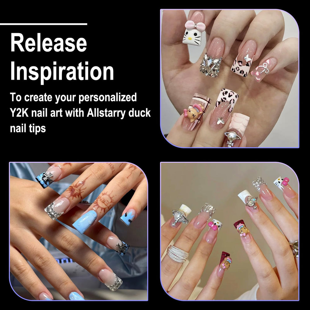 Allstarry applied on hand showing short duck nails for everyday wear