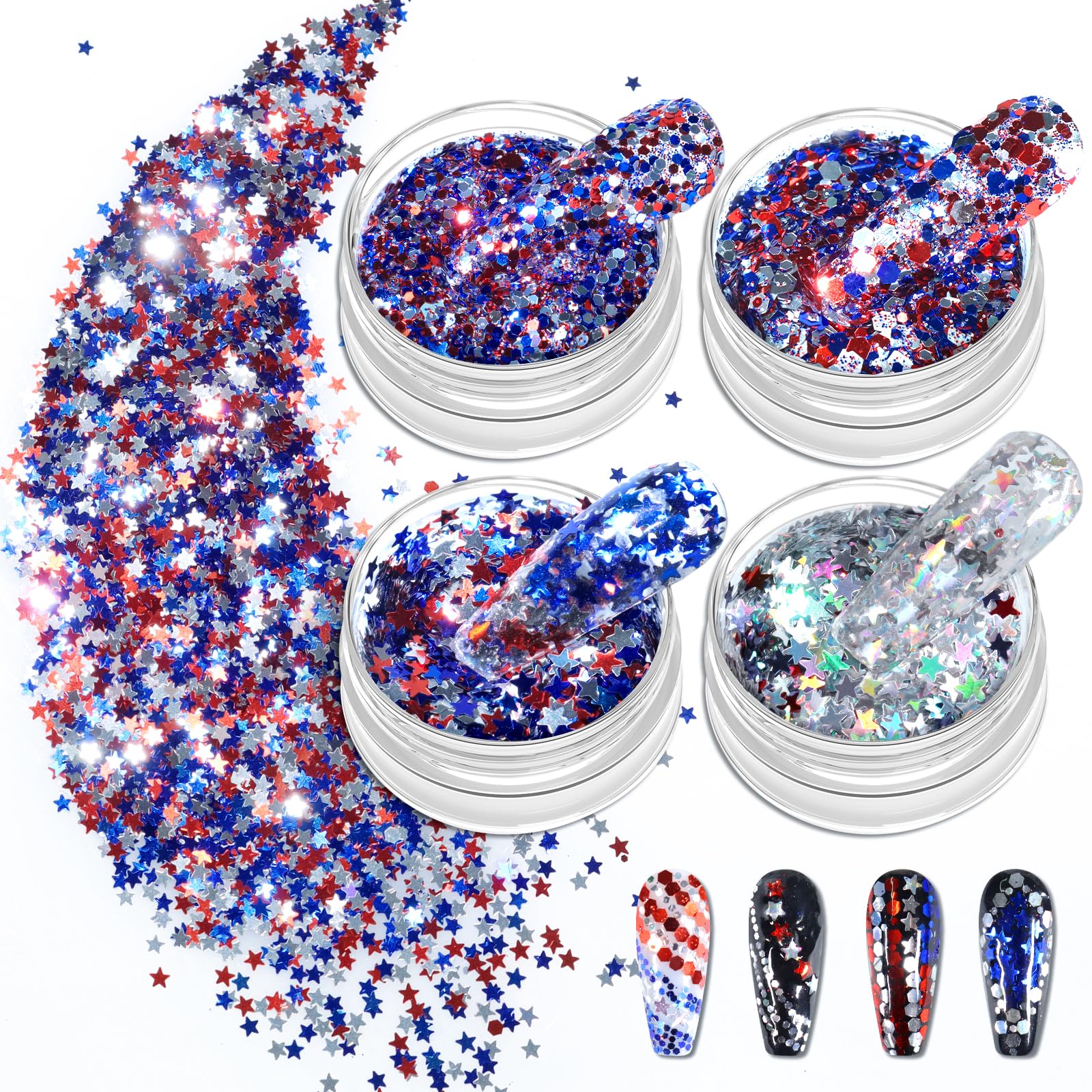 Allstarry front packaging showing four-jar patriotic glitter kit and benefits