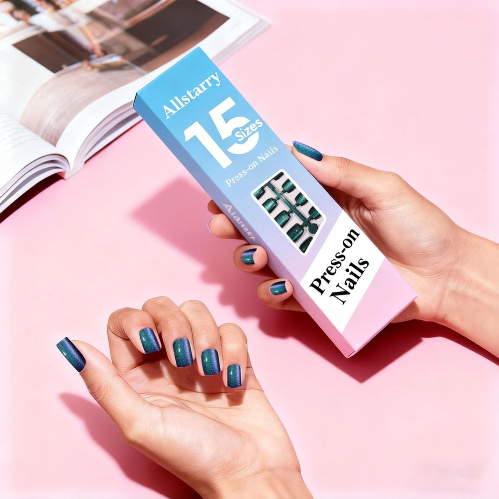 Allstarry short square nails worn in lifestyle scene adding polished look
