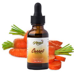 Allurials bottle front view showing clean packaging and organic carrot seed oil benefits
