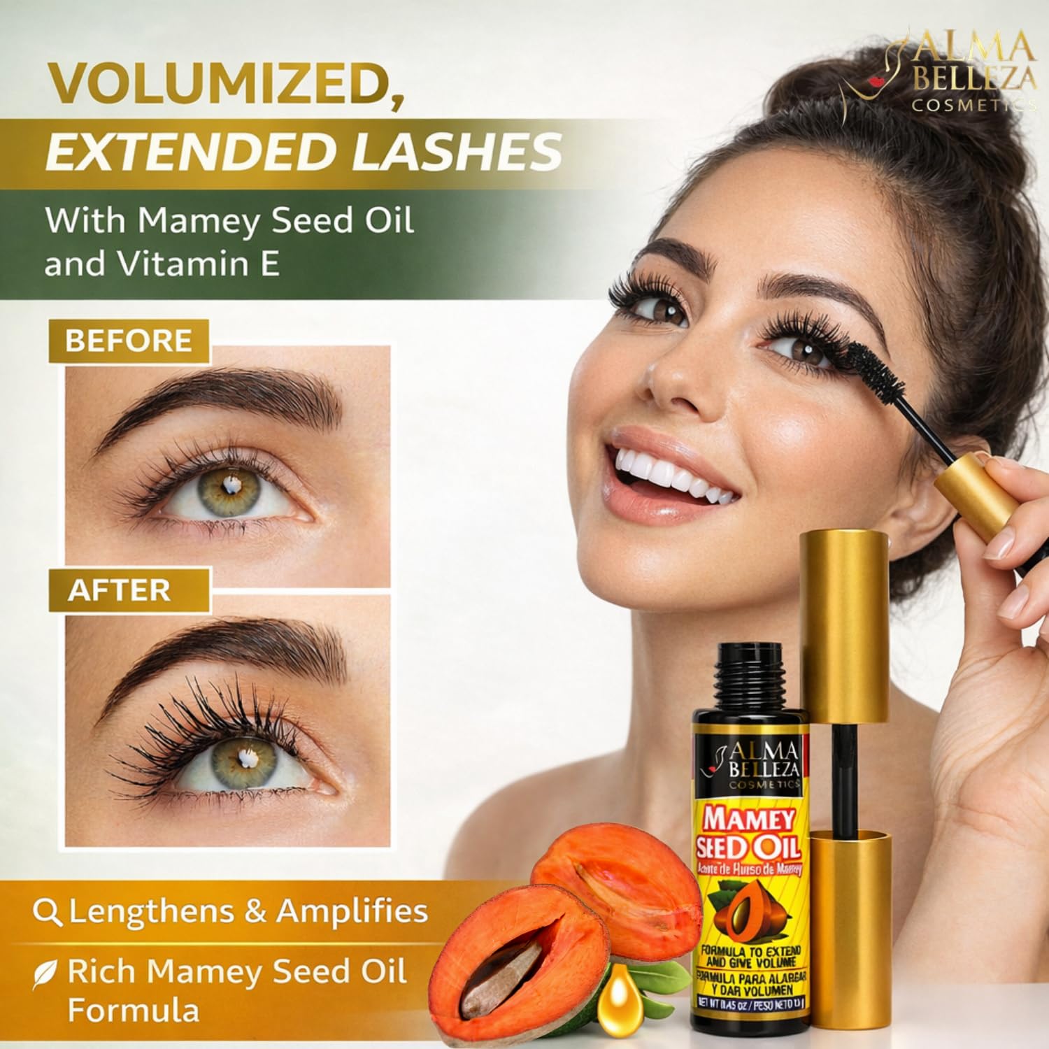 Alma Belleza on model eyes displaying lifted, defined lashes after application
