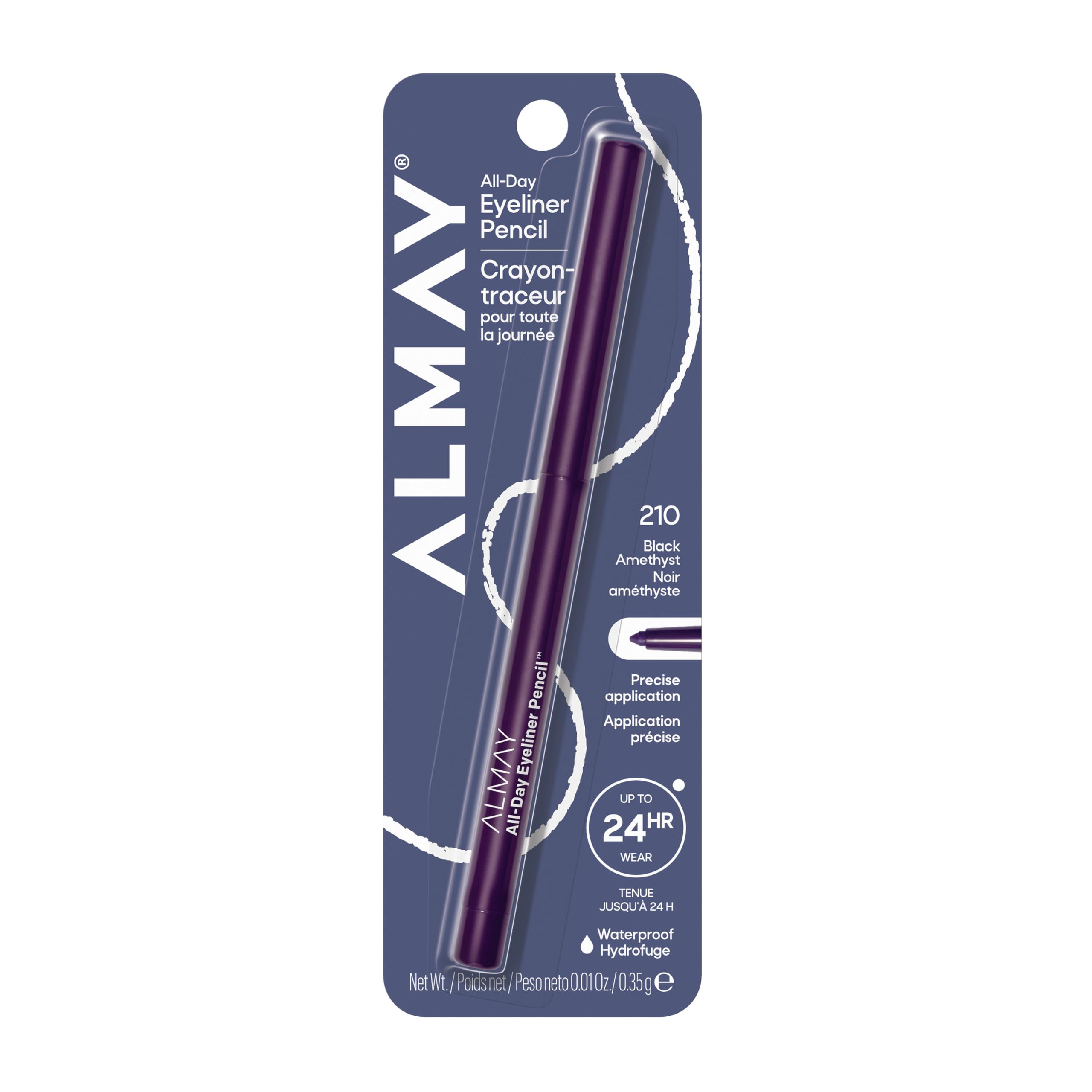Almay eyeliner front packaging showing Black Amethyst shade and benefits