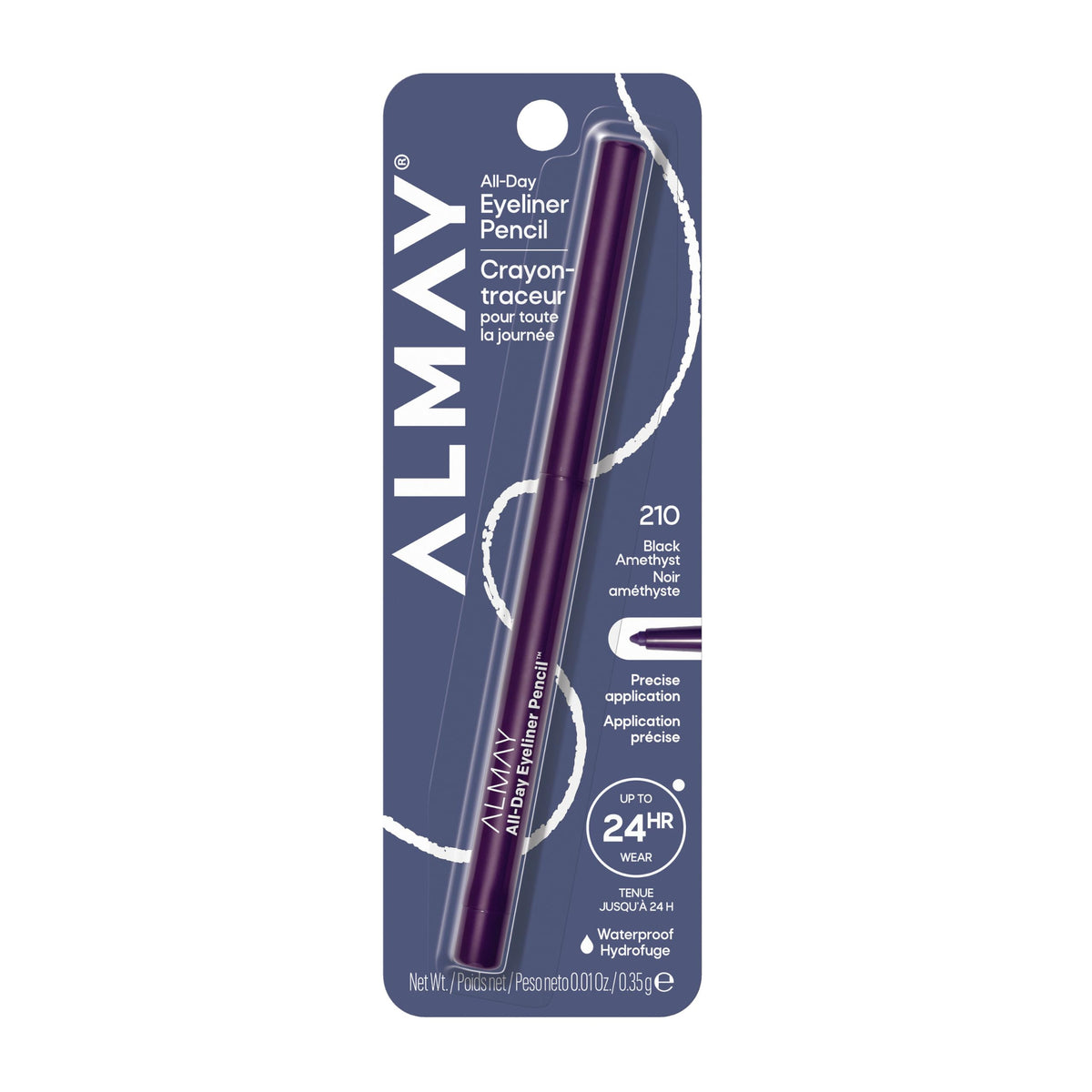 Almay eyeliner front packaging showing Black Amethyst shade and benefits