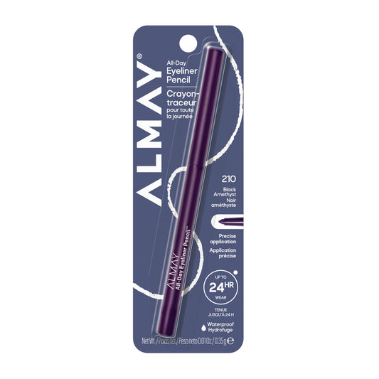 Almay eyeliner front packaging showing Black Amethyst shade and benefits
