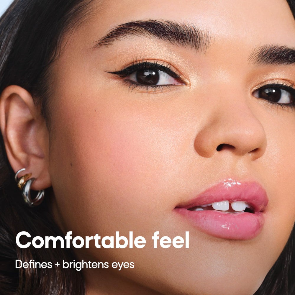 Almay eyeliner on vanity with brushes showing everyday wear and versatility