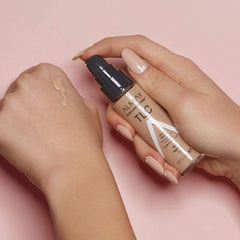 Almay bottle styled beside powder and blush for complete routine benefit