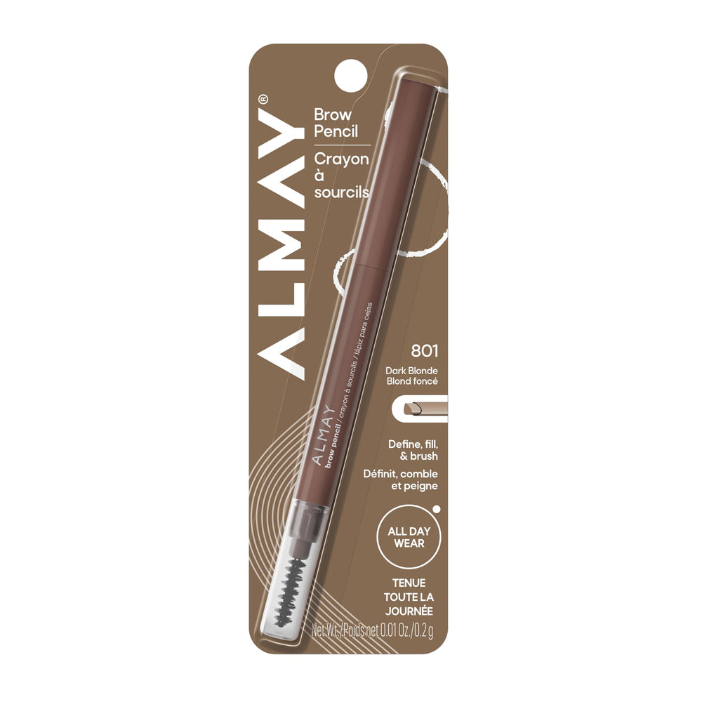 Almay brow pencil front packaging showing compact triple-tool benefit