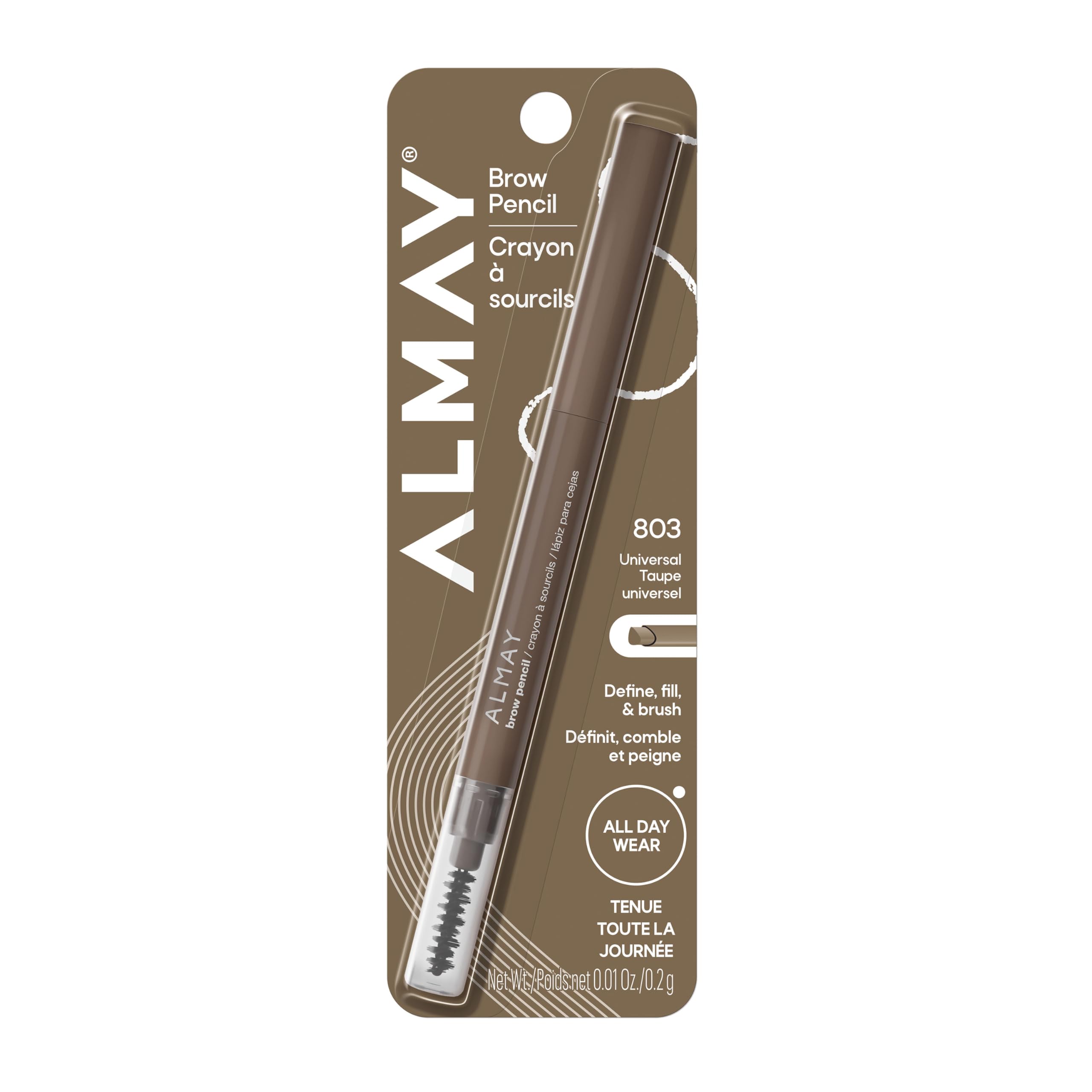 Almay brow pencil front view showing slim pencil and neutral taupe benefit natural shaping