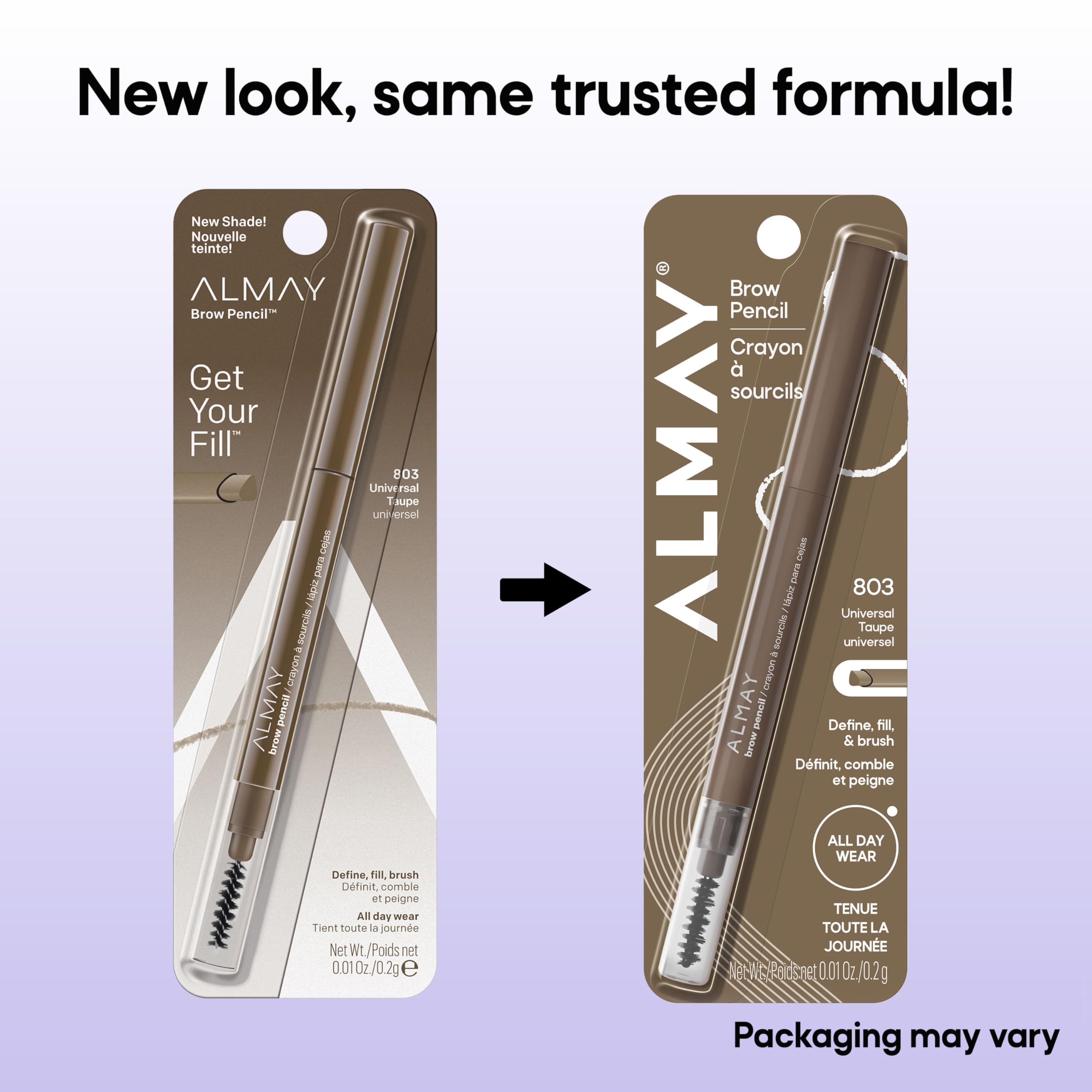 Almay packaging label visible with shade 803 Universal Taupe for easy shade selection