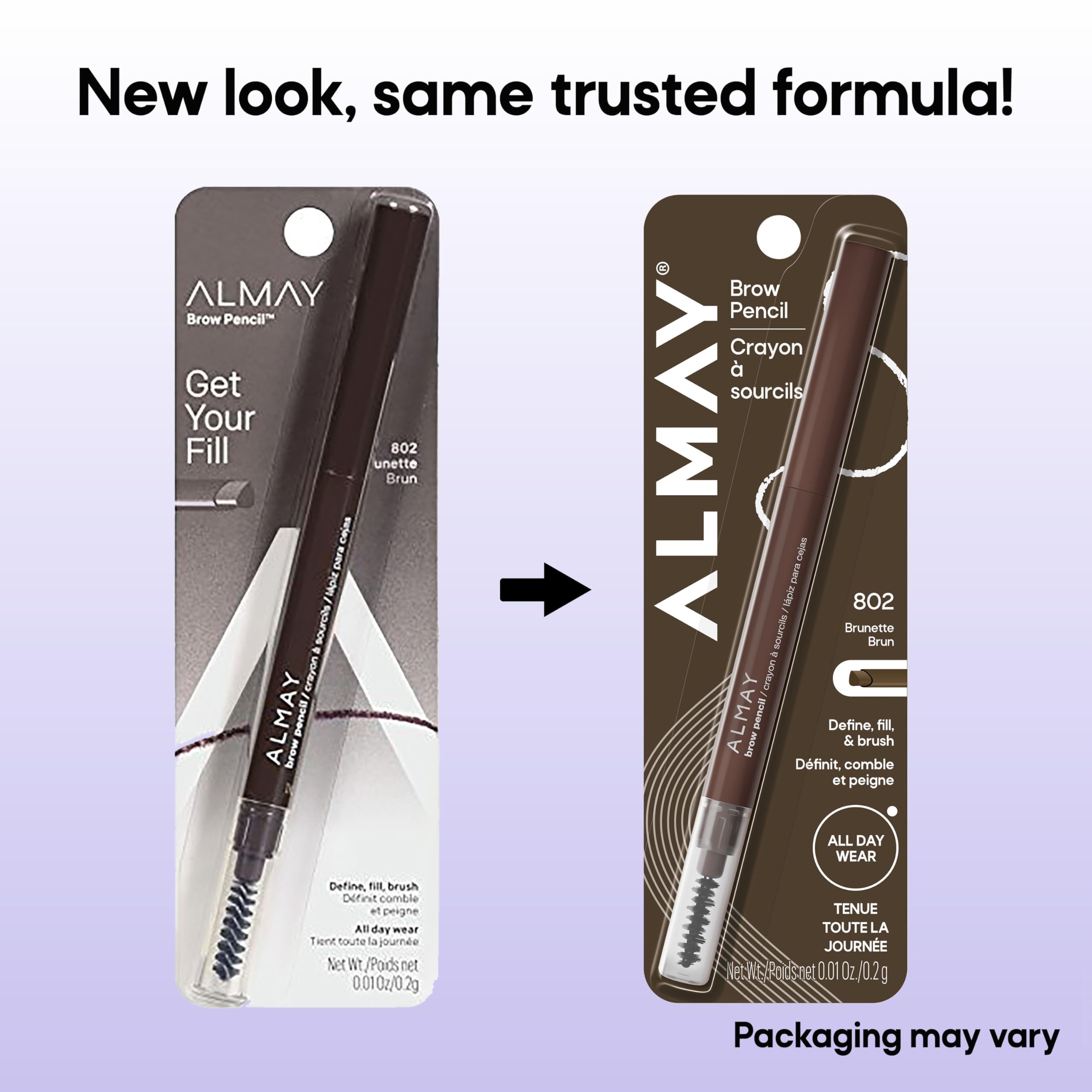 Almay brow pencil held in hand demonstrating portable travel size