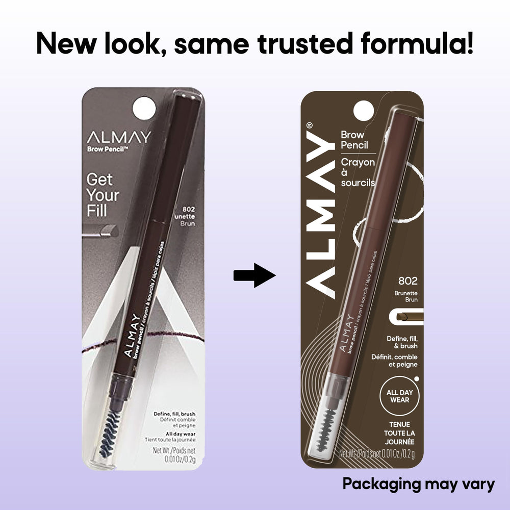 Almay brow pencil held in hand demonstrating portable travel size