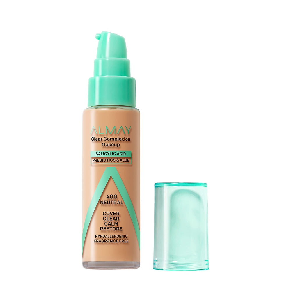 Almay bottle front view showing label and shade 400 Neutral, clear coverage benefit
