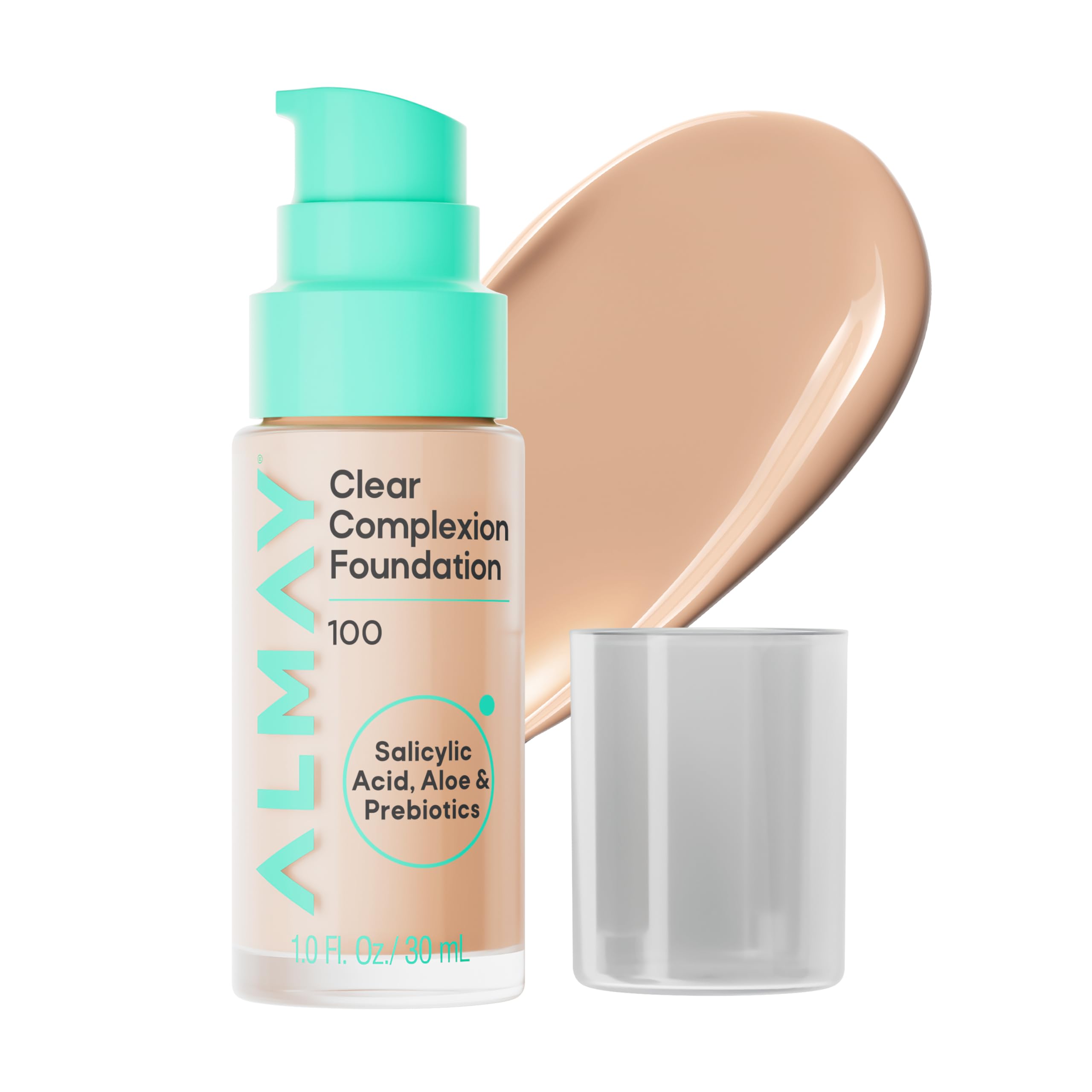 Almay front packaging showing Clear Complexion foundation, convenient and acne-safe