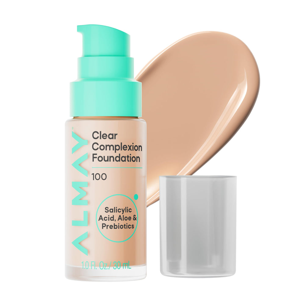 Almay front packaging showing Clear Complexion foundation, convenient and acne-safe