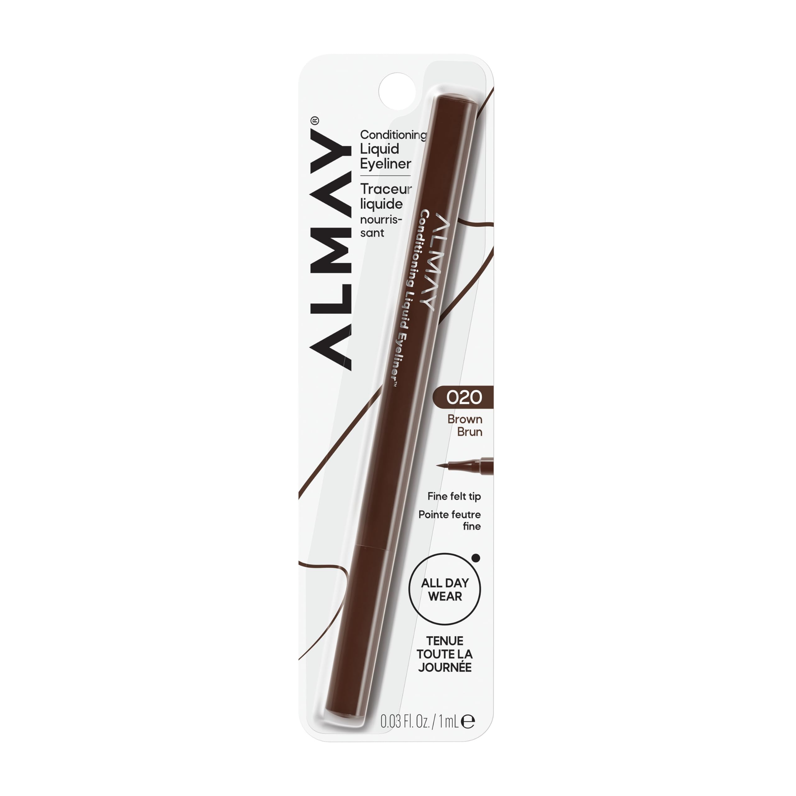 Almay conditioning liquid liner front view showing shade and packaging benefit precision