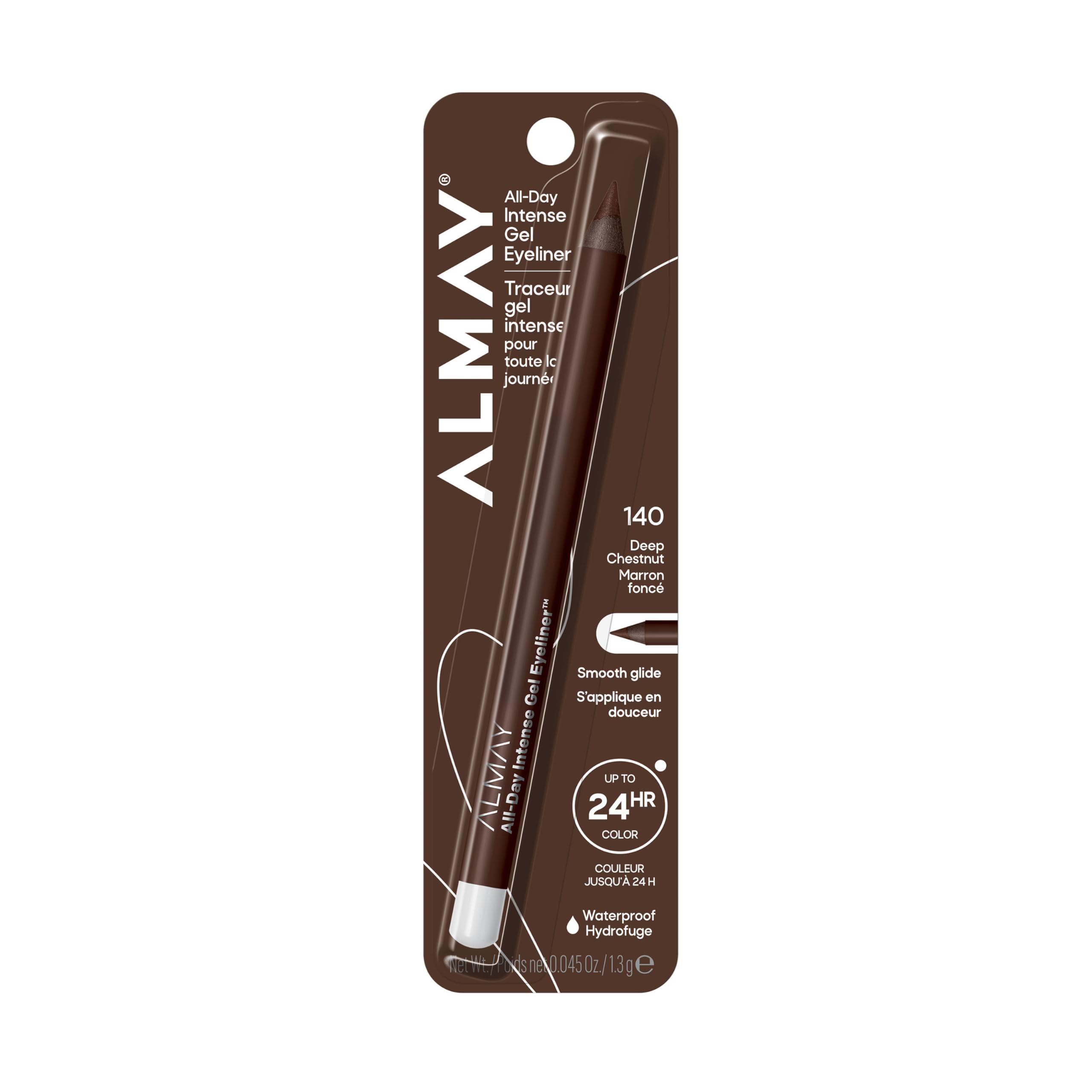 Almay pencil front packaging showing Deep Chestnut shade and benefit longwear