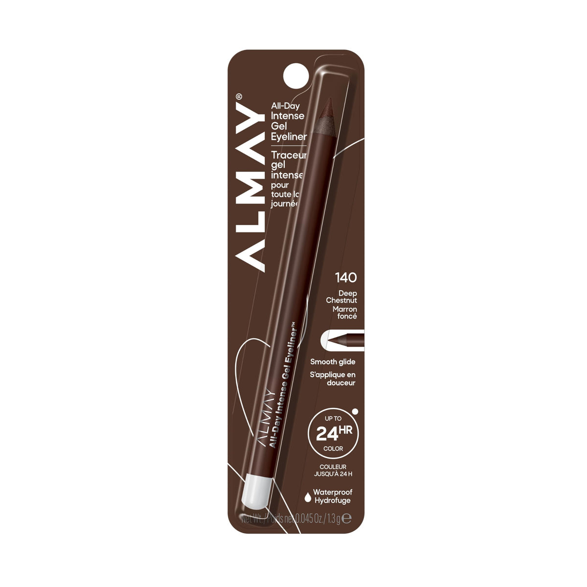 Almay pencil front packaging showing Deep Chestnut shade and benefit longwear