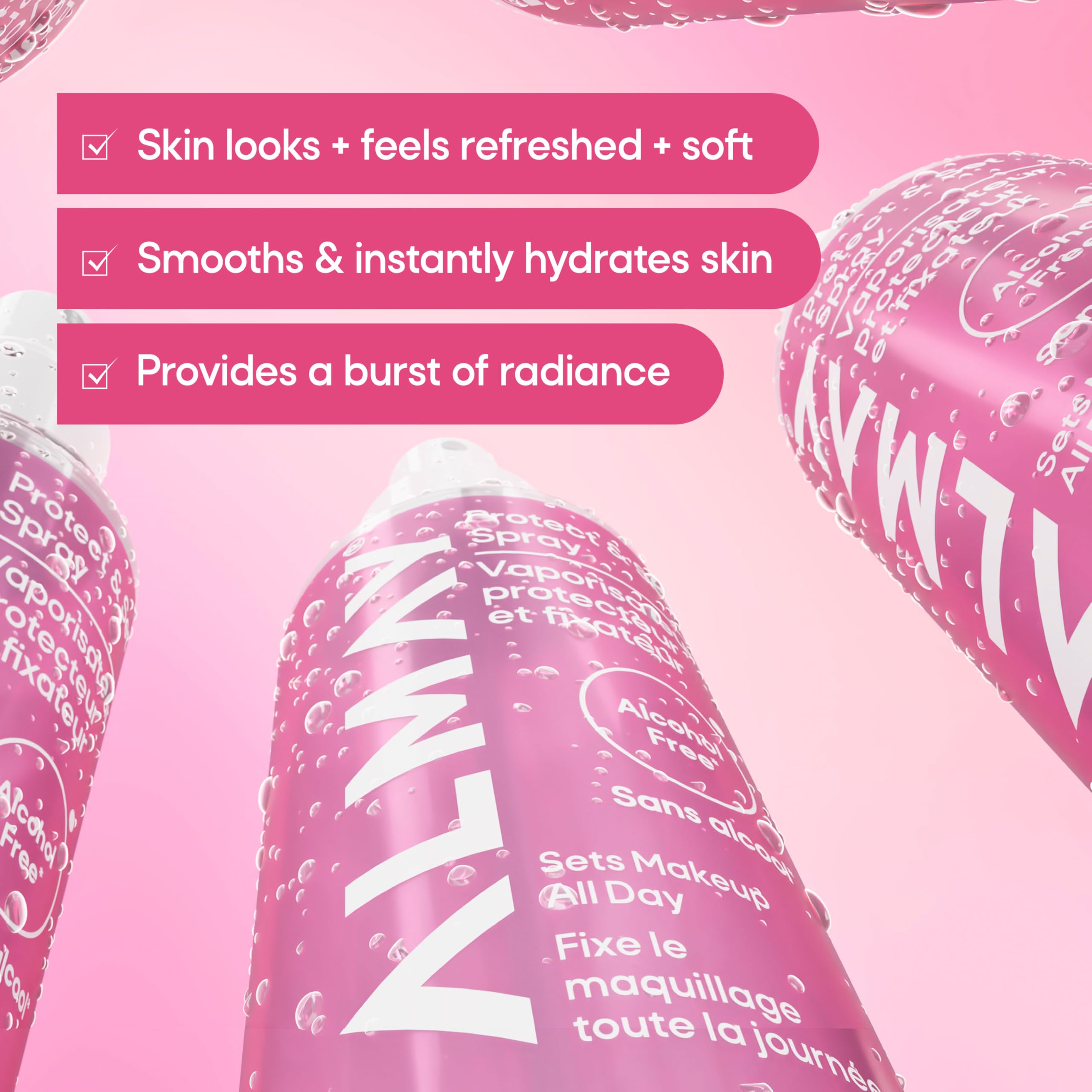 Almay fine mist landing on skin to hydrate and preserve makeup